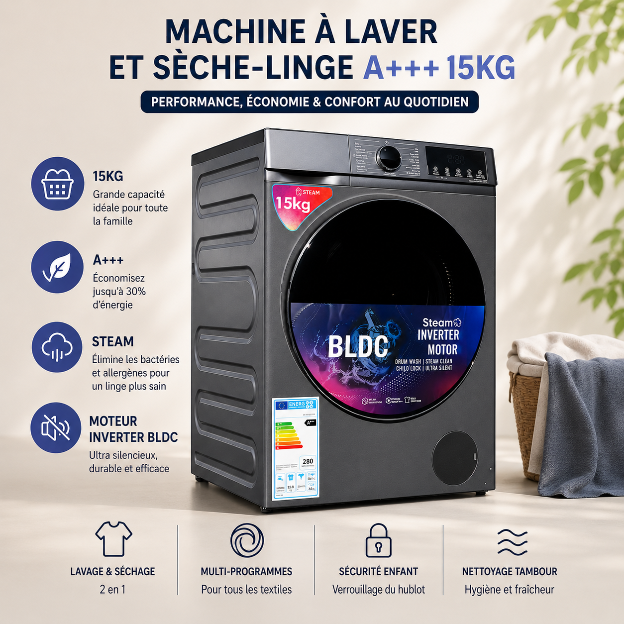 Combiné Machine a laver Sèche Linge 15 kg