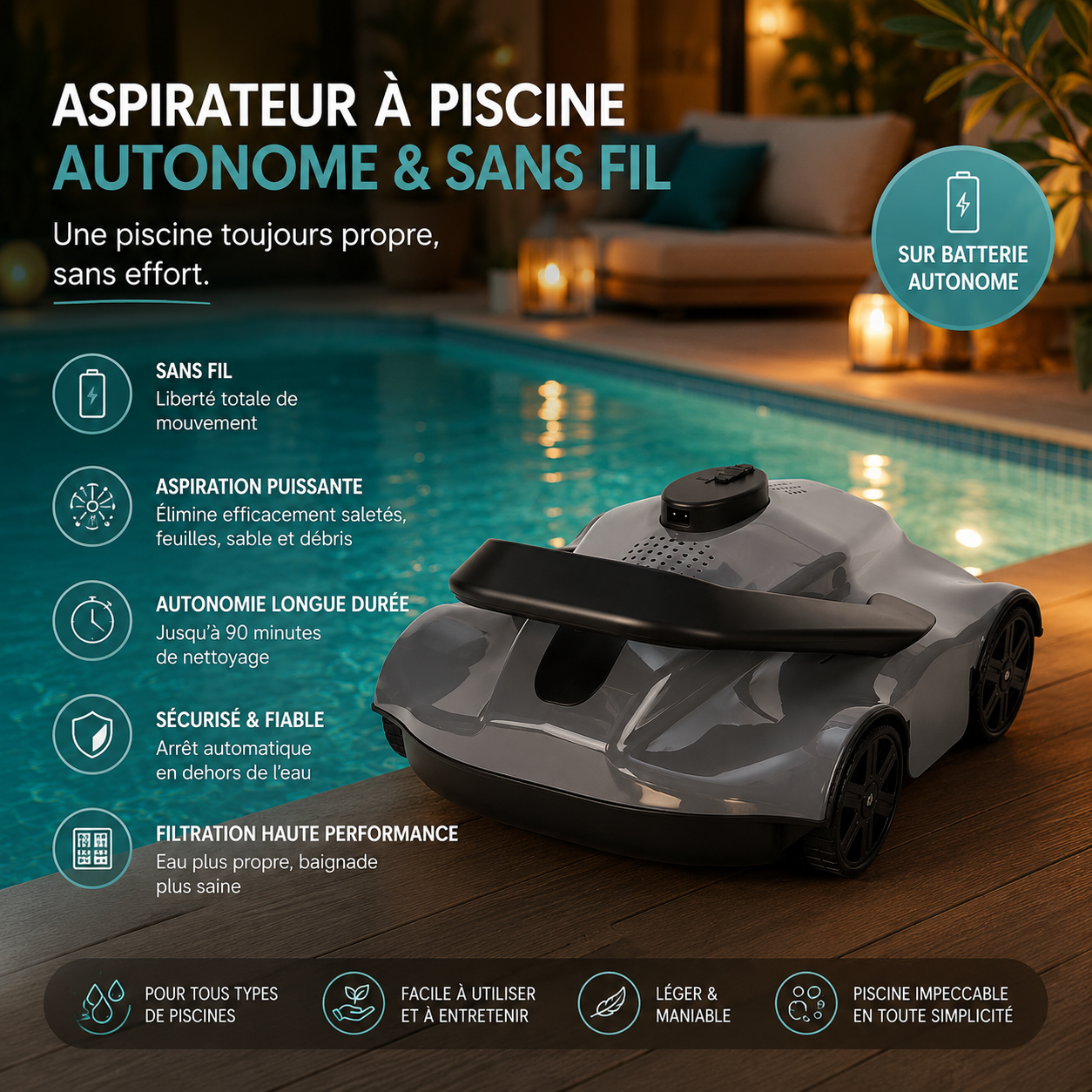 Aspirateur de piscine sur batterie autonome