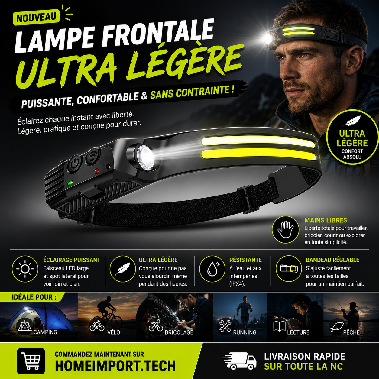 Lampe Frontale 2 rubands led